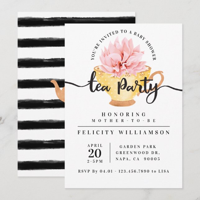 Invitation Baby shower de Teacup Jaune Tea Party (Devant / Derrière)