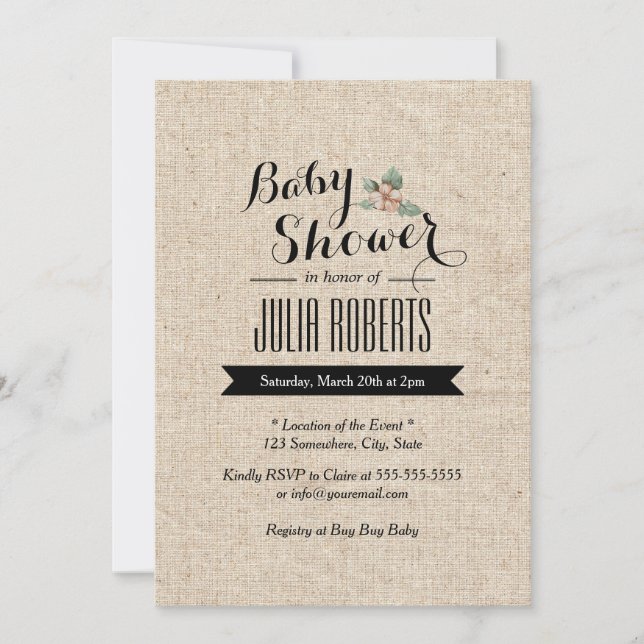 Invitation Baby shower de texture de Burlap rustique élégant (Devant)