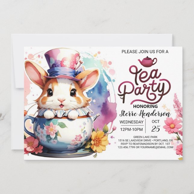 Invitation Baby shower de thé de lapin rose (Devant)