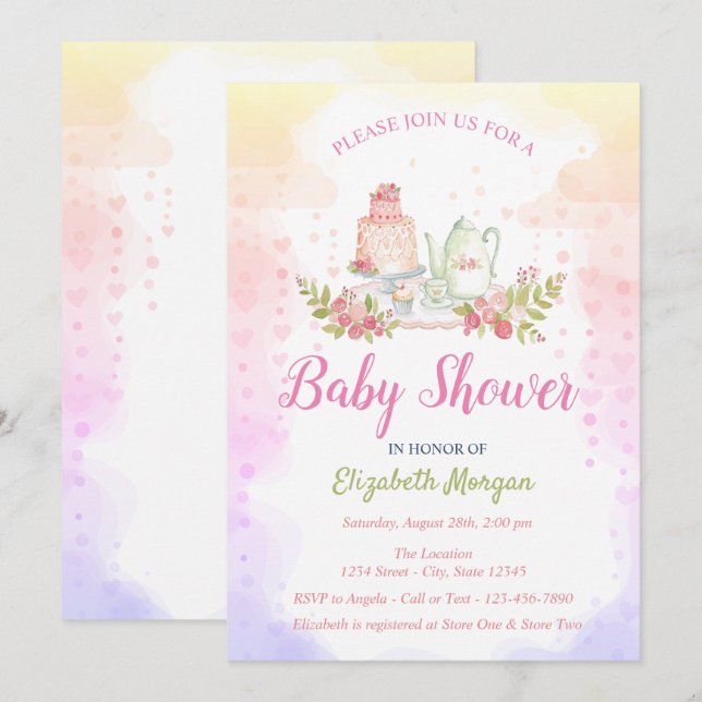 Invitation Baby shower de théière florale pour la petite fill (Devant / Derrière)