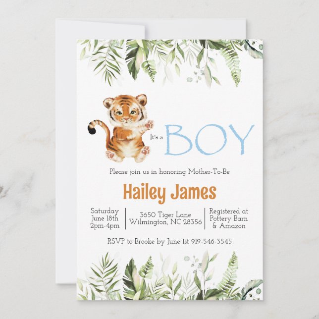 Invitation Baby shower de tigre garçon (Devant)