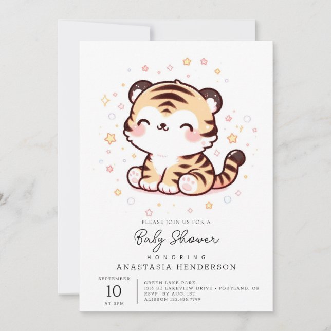 Invitation Baby shower de tigre joli enchanté (Devant)