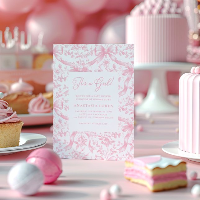 Invitation Baby shower de toile rose et de vaches (Pink Toile and Bows Girl Baby Shower Invitation)