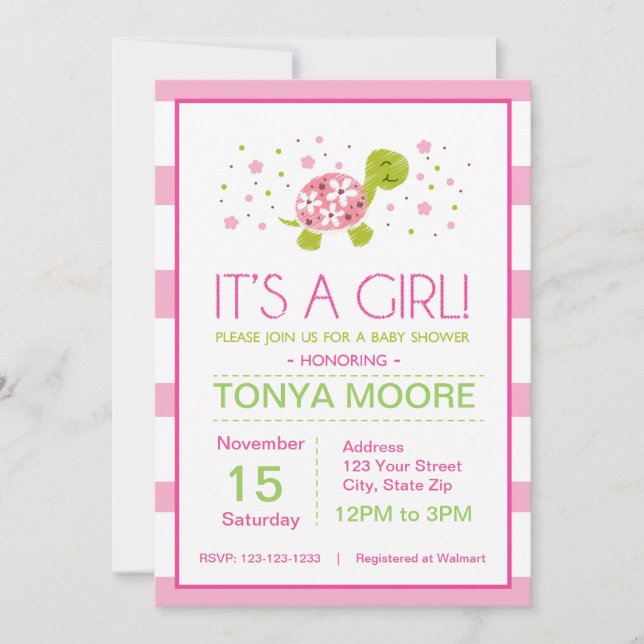 Invitation Baby shower de tortue à rayures roses (Devant)