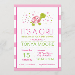 Invitation Baby shower de tortue à rayures roses