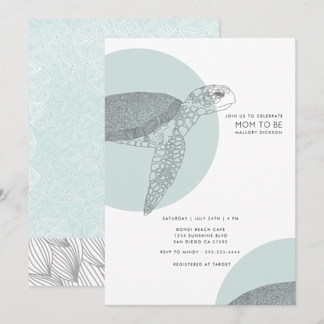 Invitation Baby shower de tortue côté plage | Baby Boy (Devant / Derrière)