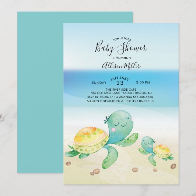 Invitation Baby shower de tortue de mer (Devant / Derrière)