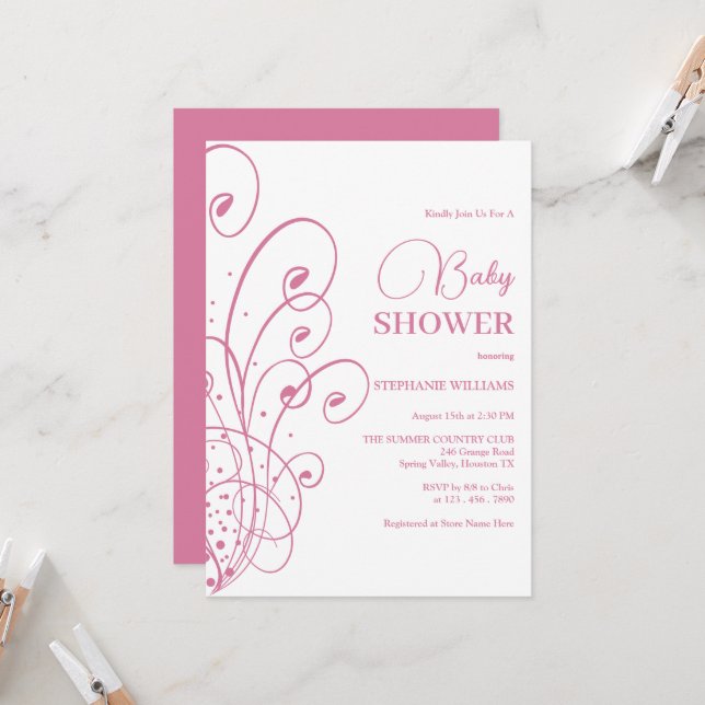 Invitation Baby shower de tourbillons roses et parfums (Devant/Arrière en situation)