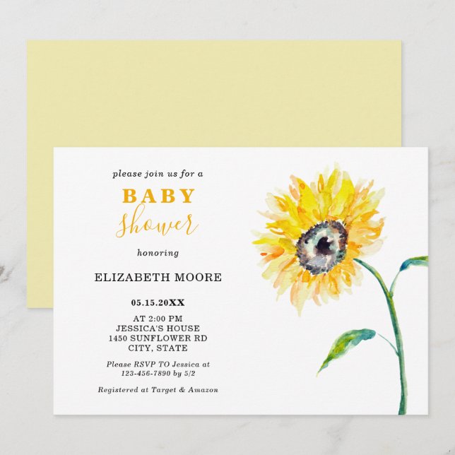 Invitation Baby shower de tournesol aquarelle élégant simple (Devant / Derrière)