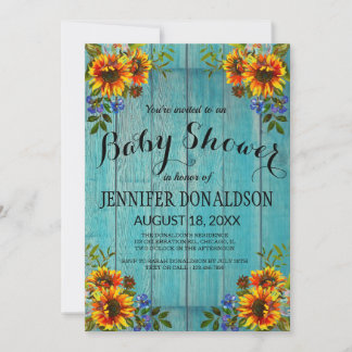Invitation Baby shower de tournesol bleu rustique