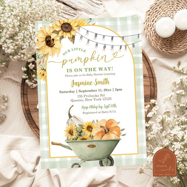 Invitation Baby shower de tournesol Citrouille rustique Sage  (Créateur téléchargé)
