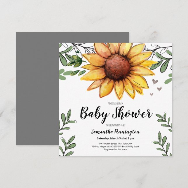 Invitation Baby shower de tournesol d'aquarelle (Devant / Derrière)