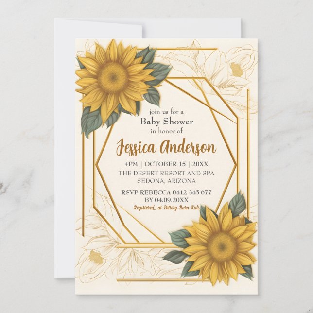 Invitation Baby shower de tournesol élégant dessin cadre or (Devant)