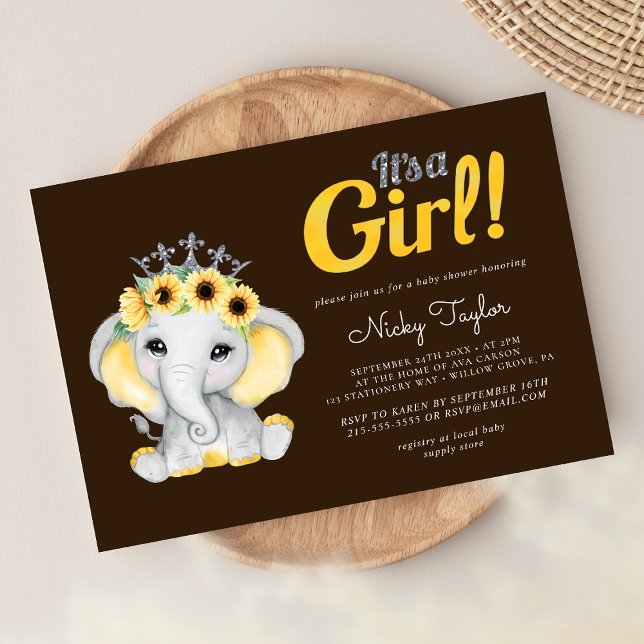 Invitation Baby shower de tournesol Eléphant mignon (Créateur téléchargé)