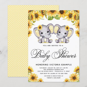 Invitation Baby shower de tournesol Eléphant Twin Girl