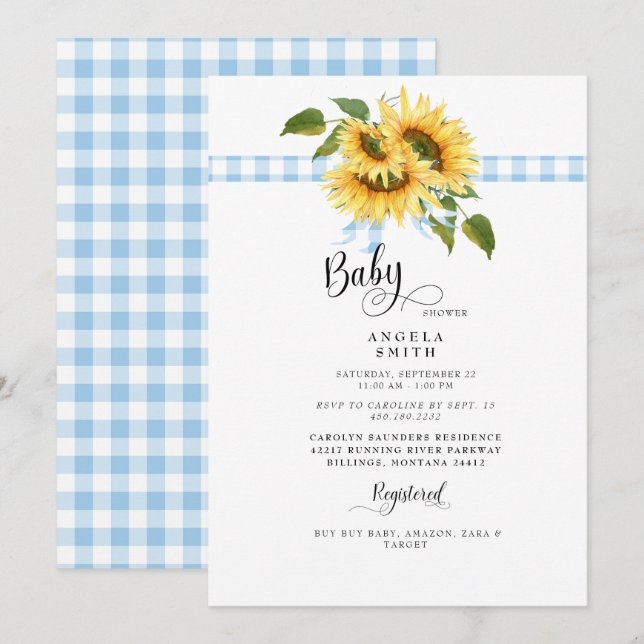 Invitation Baby shower de tournesol En vichy bleu doux II (Devant / Derrière)
