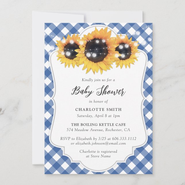 Invitation Baby shower de tournesol En vichy bleu rustique (Devant)