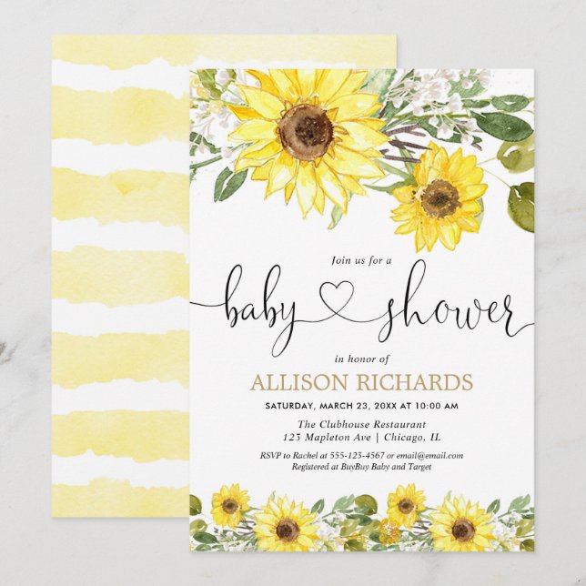 Invitation baby shower de tournesol jaune d'aquarelle (Devant / Derrière)