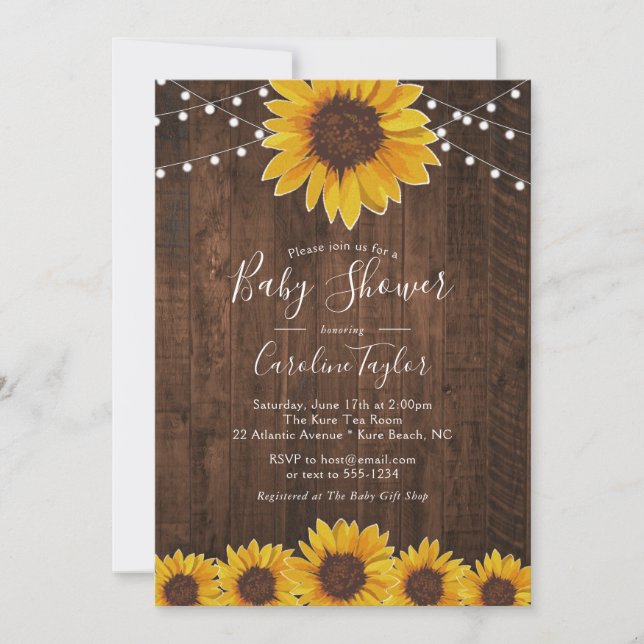 Invitation Baby shower de tournesol rustique avec lumières à  (Devant)