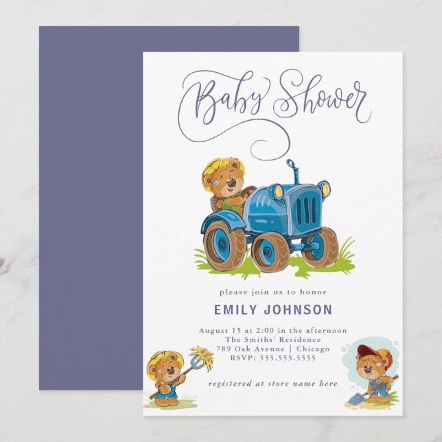 Invitation Baby shower de tracteur de ferme d'ours (Devant / Derrière)