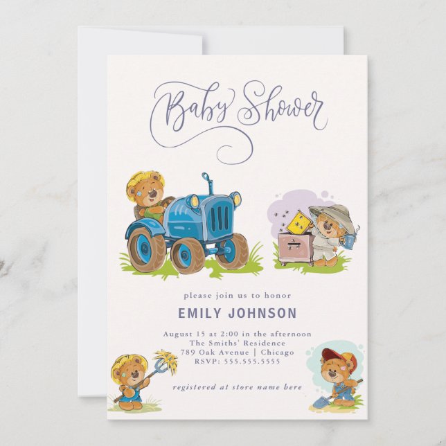 Invitation Baby shower de tracteur de ferme Teddy  (Devant)