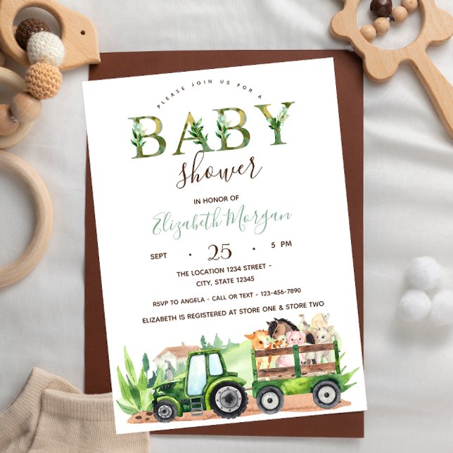 Invitation Baby shower de tracteur pour animaux de ferme aqua (Créateur téléchargé)