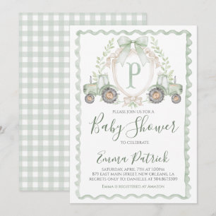 Invitation Baby shower de tracteur vert garçon Preppy Sage Gr
