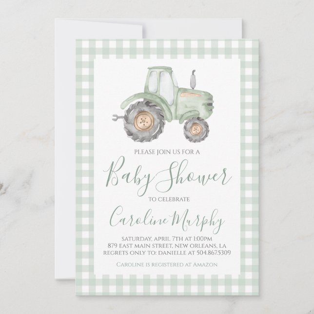 Invitation Baby shower de tracteur vert Preppy En vichy (Devant)