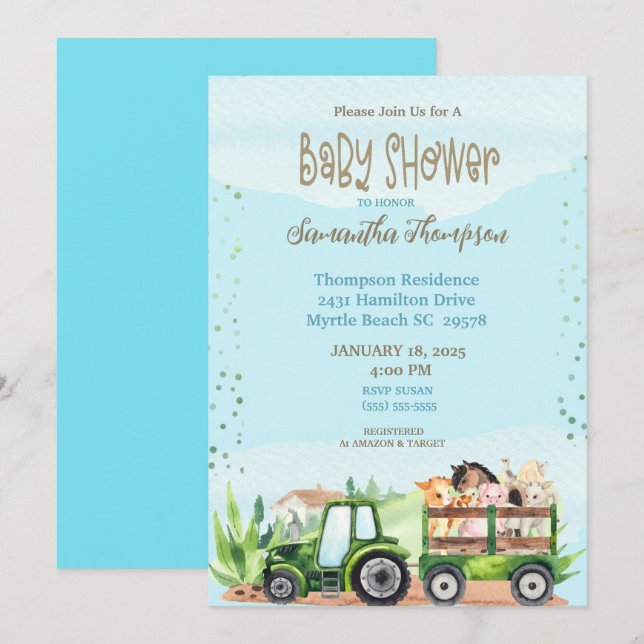 Invitation Baby shower de tracteurs Blue Green Farm Boys (Devant / Derrière)
