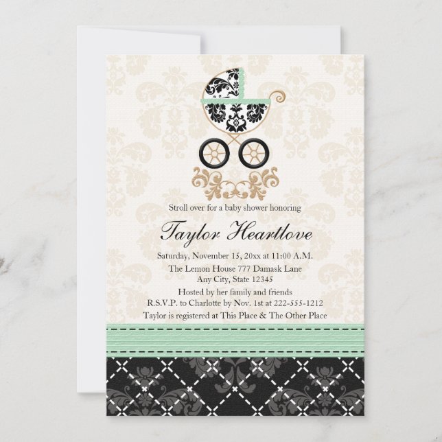 INVITATION BABY SHOWER DE TRANSPORT DE BÉBÉ À LA MINTE DAMASK (Devant)