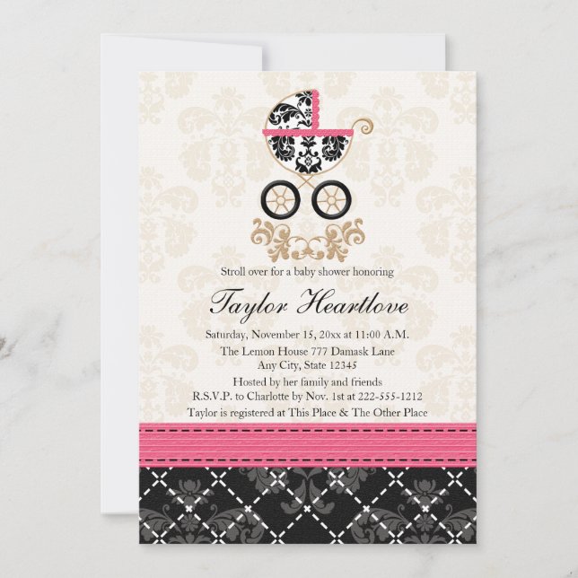 INVITATION BABY SHOWER DE TRANSPORT DE BÉBÉ DE DAMASK NOIR CH (Devant)