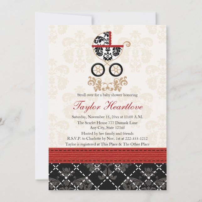 INVITATION BABY SHOWER DE TRANSPORT DE BÉBÉ DE DAMASK ROUGE E (Devant)