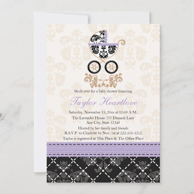 INVITATION BABY SHOWER DE TRANSPORT DE BÉBÉ DE LAVENDER NOIR  (Devant)