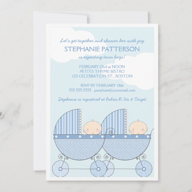 Invitation Baby shower de transport en bleu pour les jumeaux (Devant)