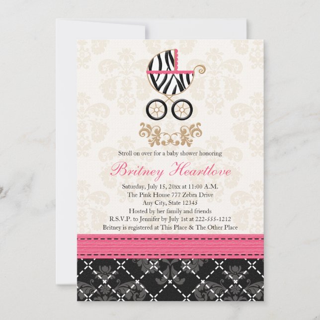 Invitation Baby shower de transport rose et noir Zèbre (Devant)