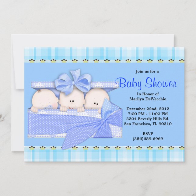 Invitation Baby shower de Triplets Bleus sucrés (Devant)
