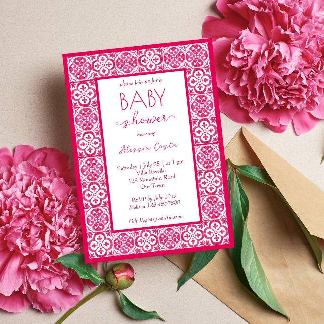Invitation Baby shower de tuiles de Majolica magenta en Médit (Créateur téléchargé)