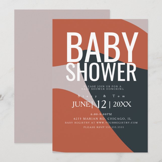 Invitation Baby shower de Typographie Bleue en Terracotta bio (Devant / Derrière)