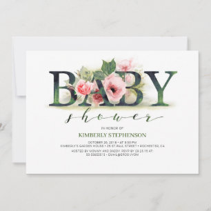 Invitation Baby shower de typographie de Flore rose pâle