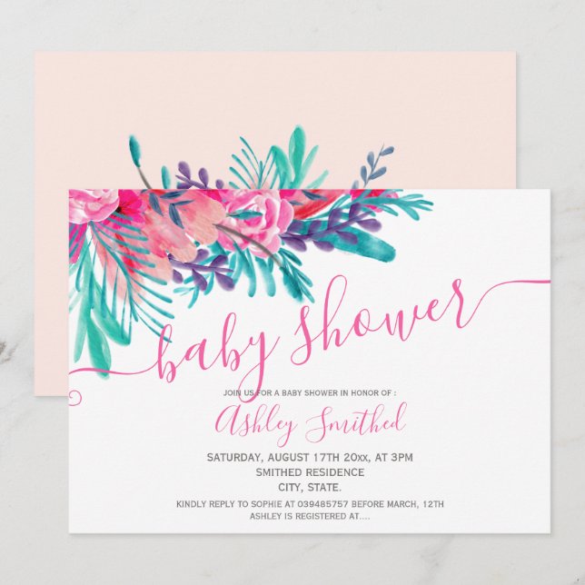 Invitation Baby shower de typographie de l'aquarelle rose (Devant / Derrière)