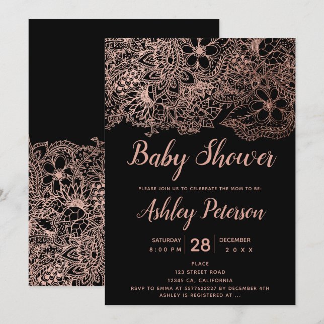Invitation Baby shower de typographie florale rose noir (Devant / Derrière)