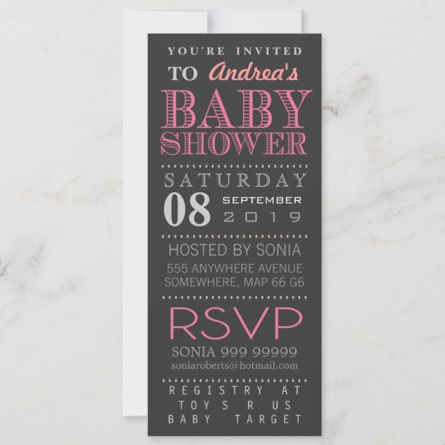 Invitation Baby shower de typographie rose fille moderne long (Devant)