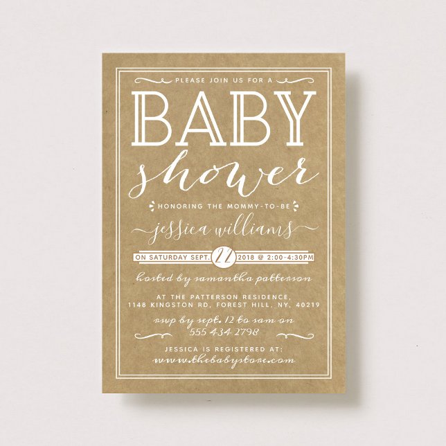 Invitation Baby shower de typographie rustique Kraft tendance (Créateur téléchargé)