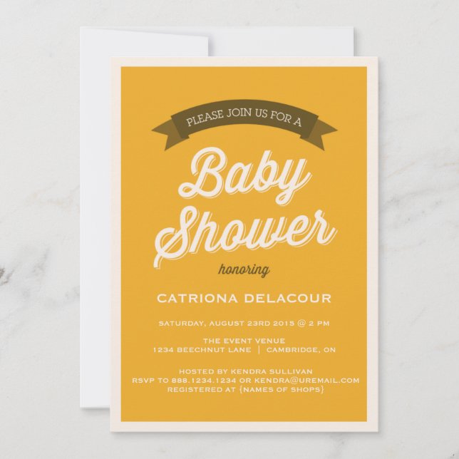 Invitation Baby shower de typographie Vintage de moutarde (Devant)