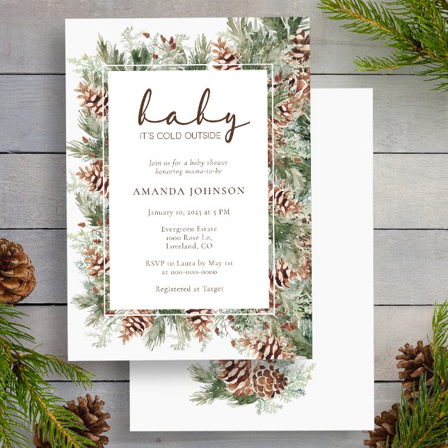 Invitation Baby shower de vacances d'hiver (Pinecone Evergreen Winter Holiday Baby Shower Invitation by Painted Paperie
)