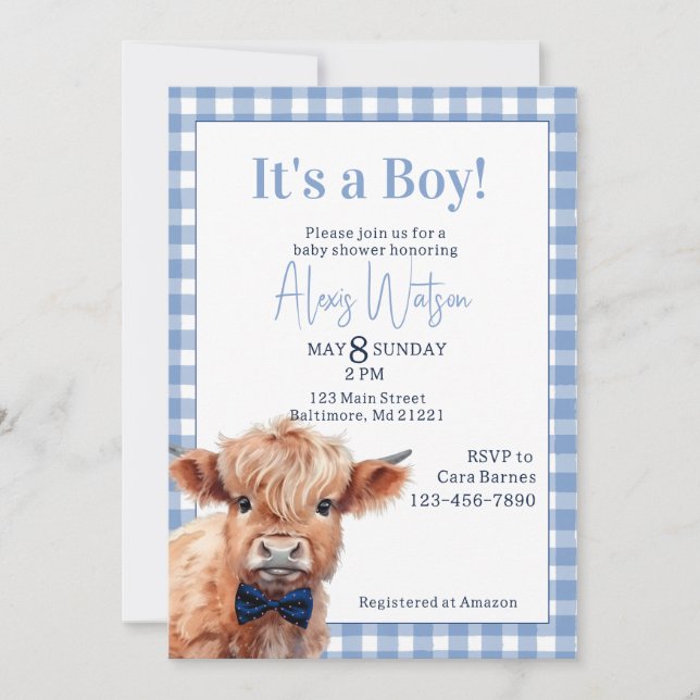 Invitation Baby shower de vache bleu en vichy haute-terre (Devant)