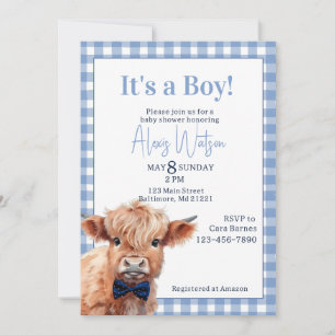 Invitation Baby shower de vache bleu en vichy haute-terre