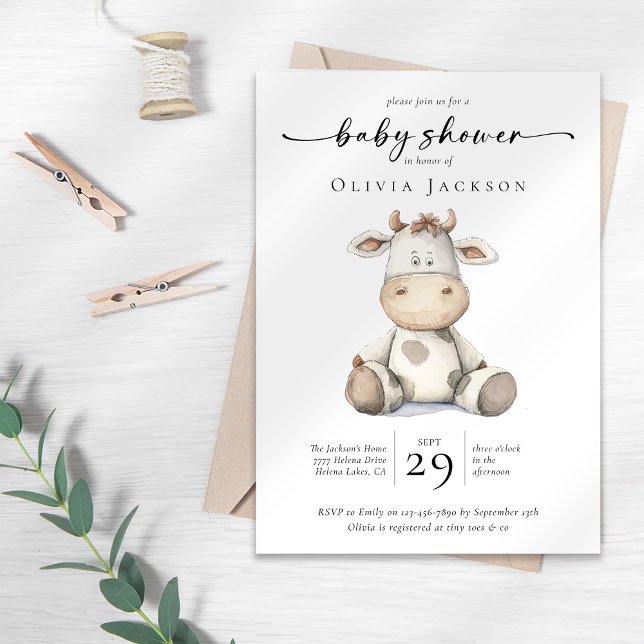 Invitation Baby shower de vache de ferme à aquarelle simple (Créateur téléchargé)