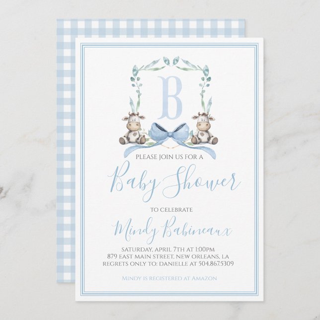 Invitation Baby shower de vache de garçon bleu sud Preppy (Créateur téléchargé)