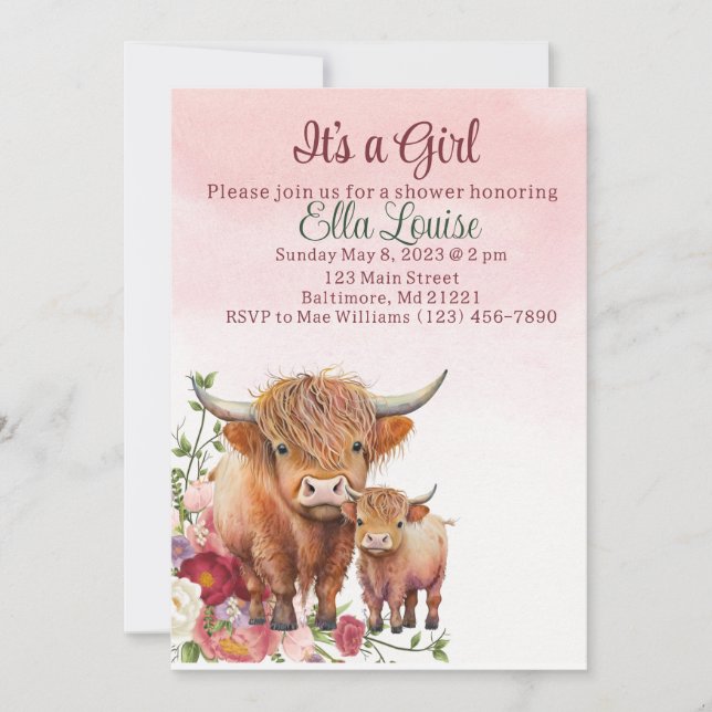 Invitation baby shower de vache Highland à fleurs  (Devant)